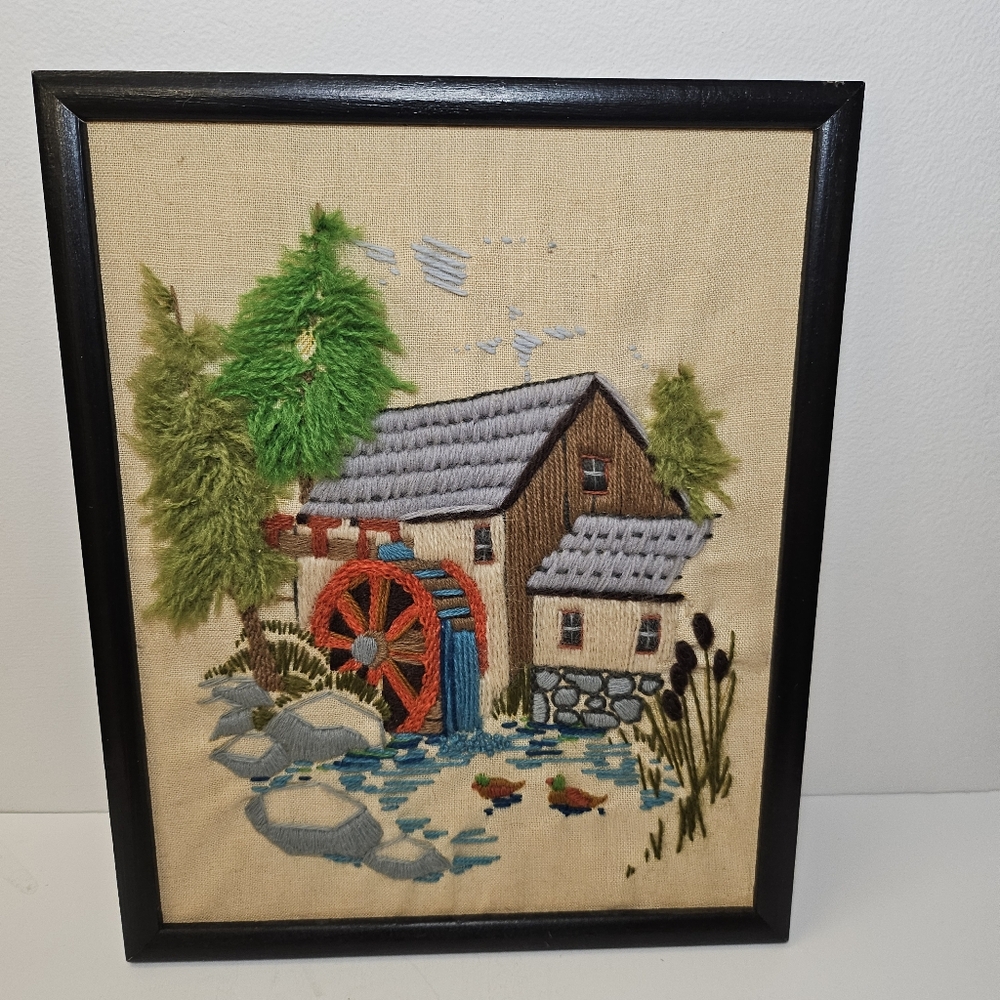 Vintage Framed crewel art wall hanging Pine Valley Mill Village Scene